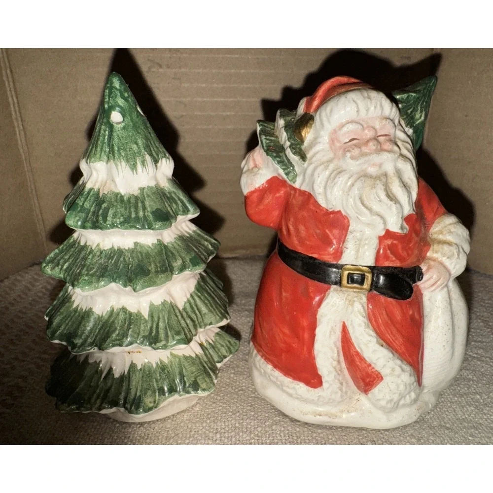 1989 Fitz & Floyd German‎ style Santa and tree salt and pepper shakers
